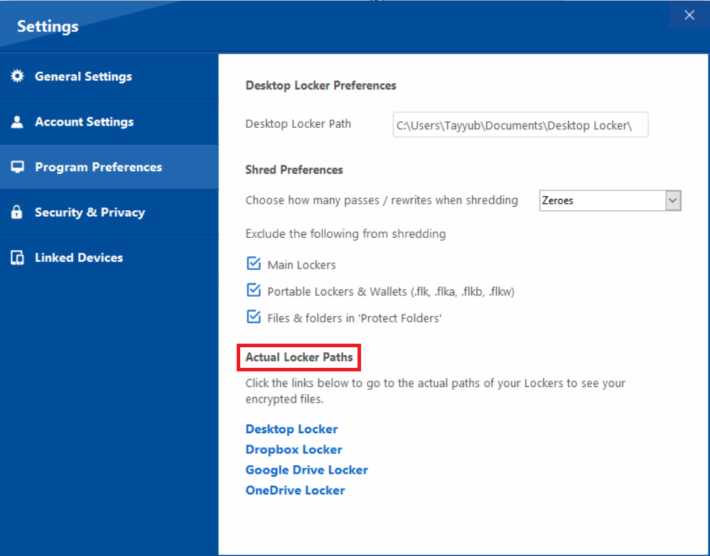 Folder Lock application settings screen