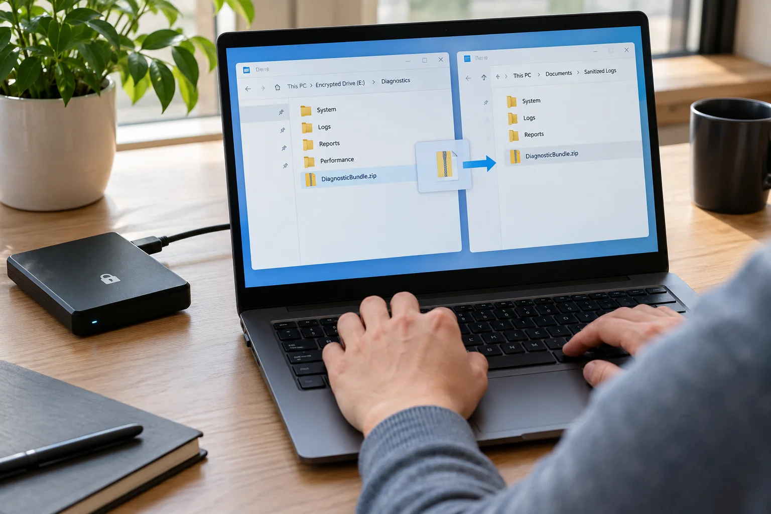 Hands exporting a sanitized diagnostic bundle to a separate delivery folder.
