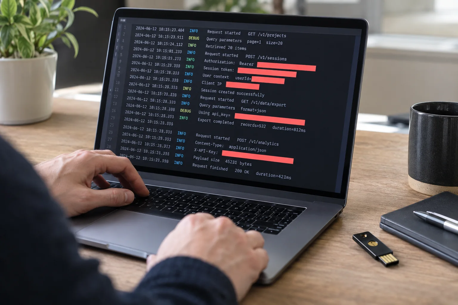 Technician scanning an application log for exposed tokens before export.