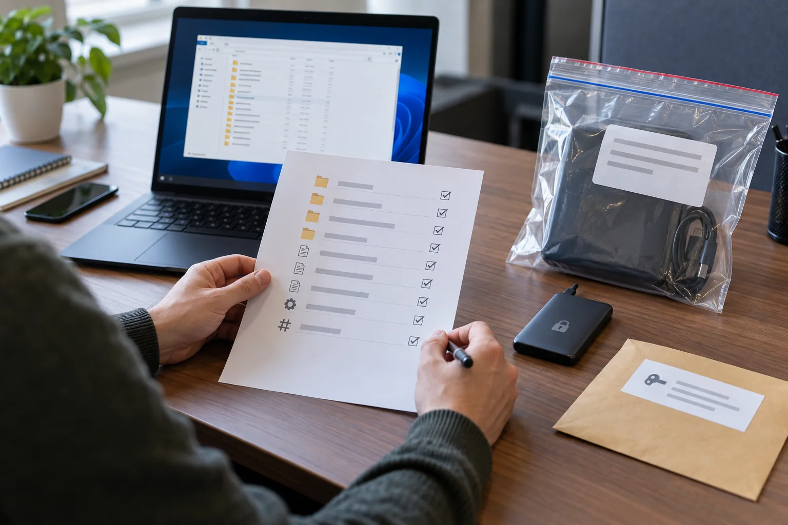 Hands assembling a secure diagnostic-evidence handoff manifest.