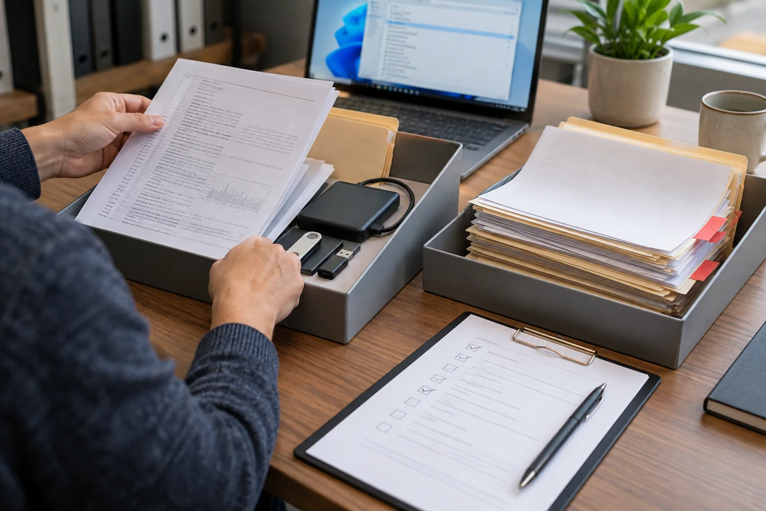 Hands separating retained diagnostic evidence from files scheduled for secure deletion.