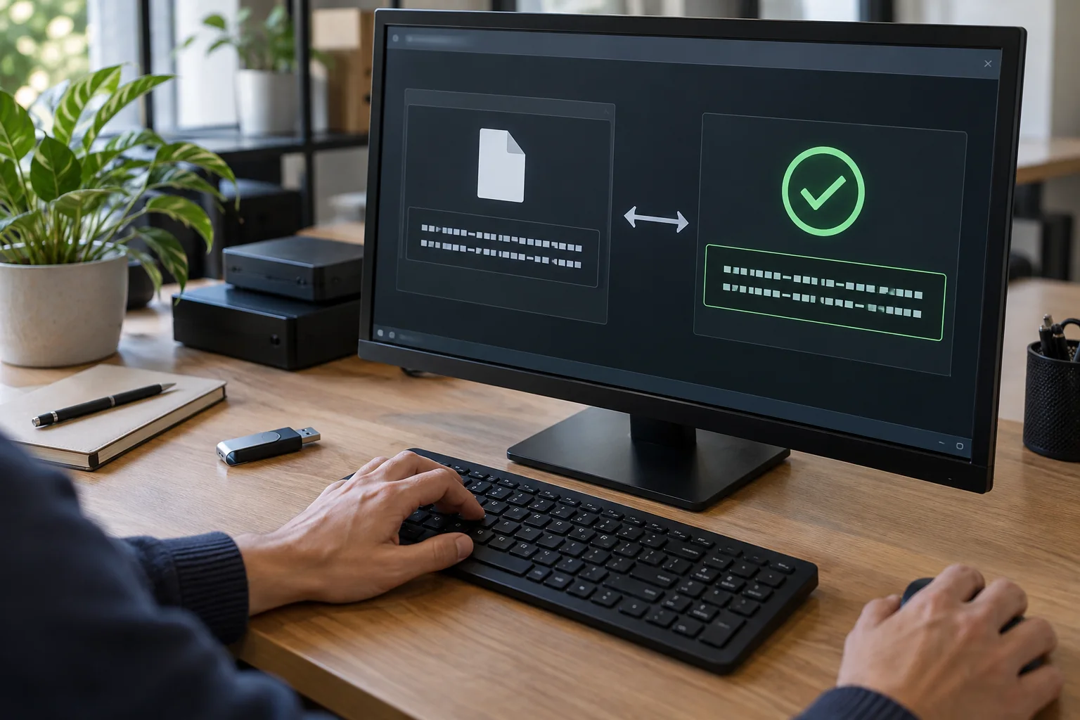 Hands verifying a received support file against a recorded checksum.