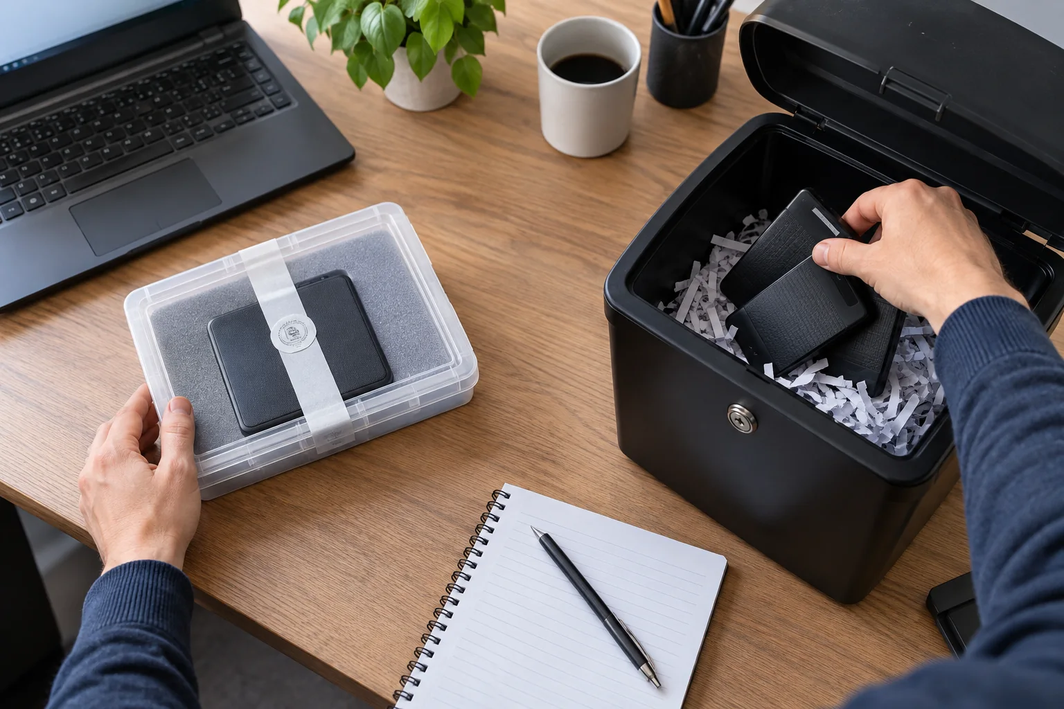 Hands separating retained evidence from duplicate copies for secure disposal.