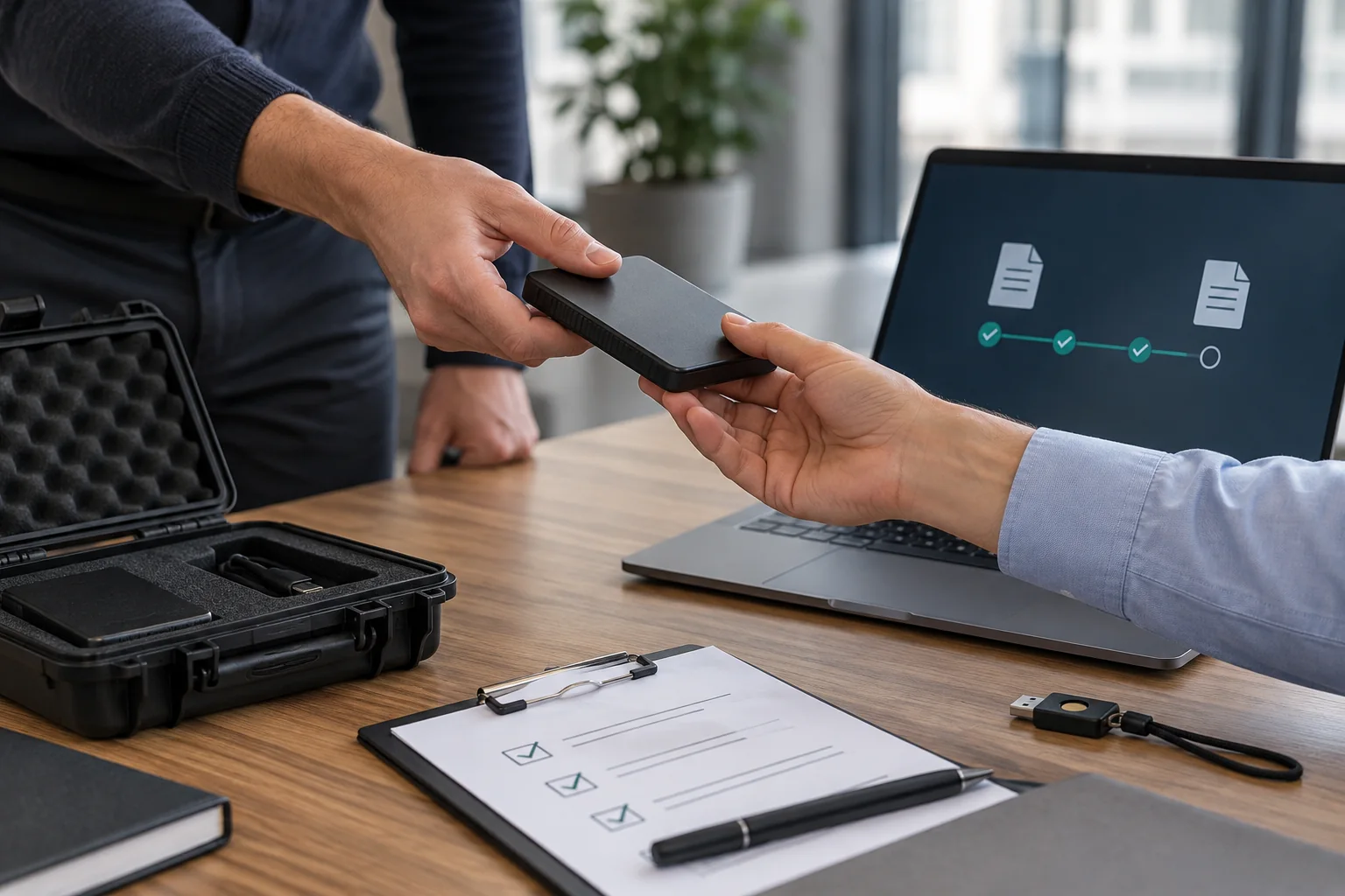 Hands transferring an encrypted diagnostic-evidence drive to authorized support.