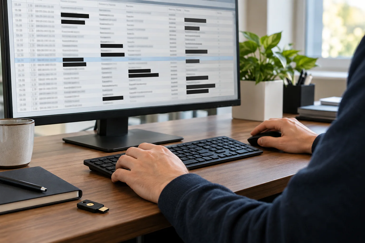 Hands redacting sensitive fields in a Windows diagnostic log.