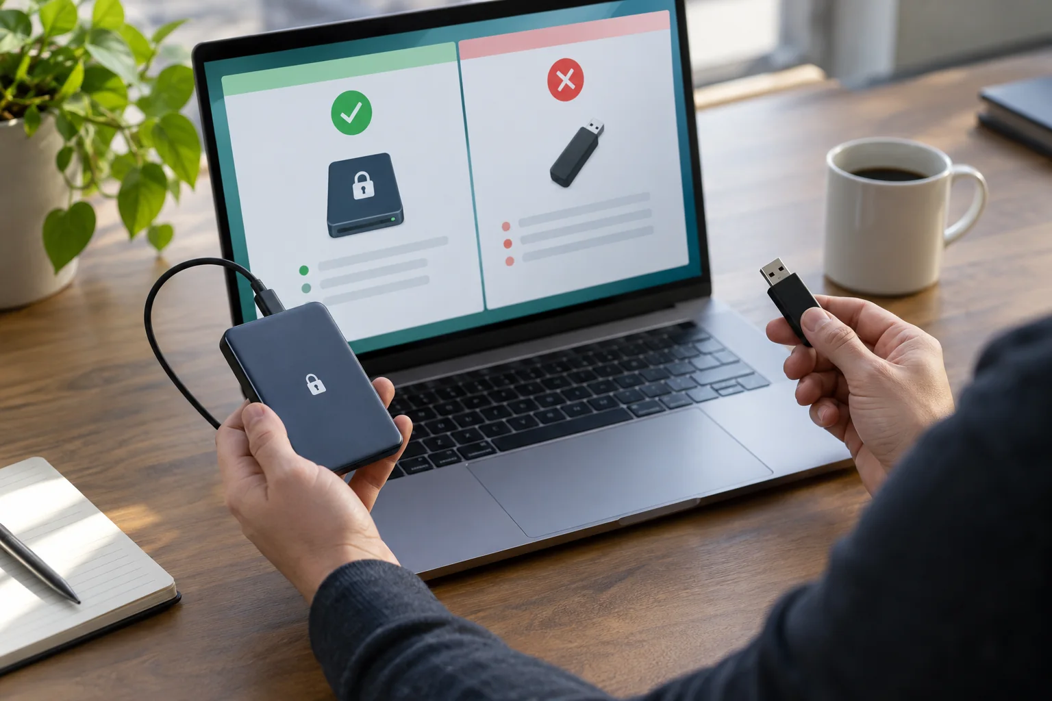 Administrator comparing approved and unapproved short-term storage devices.