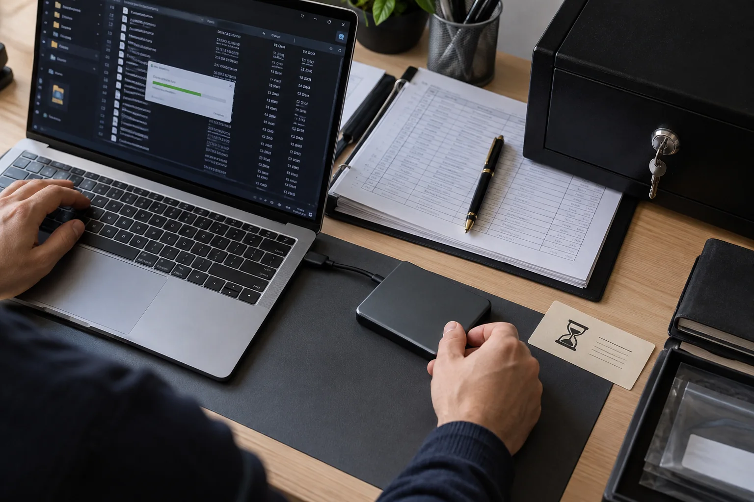 Hands placing raw diagnostic logs on approved encrypted storage.